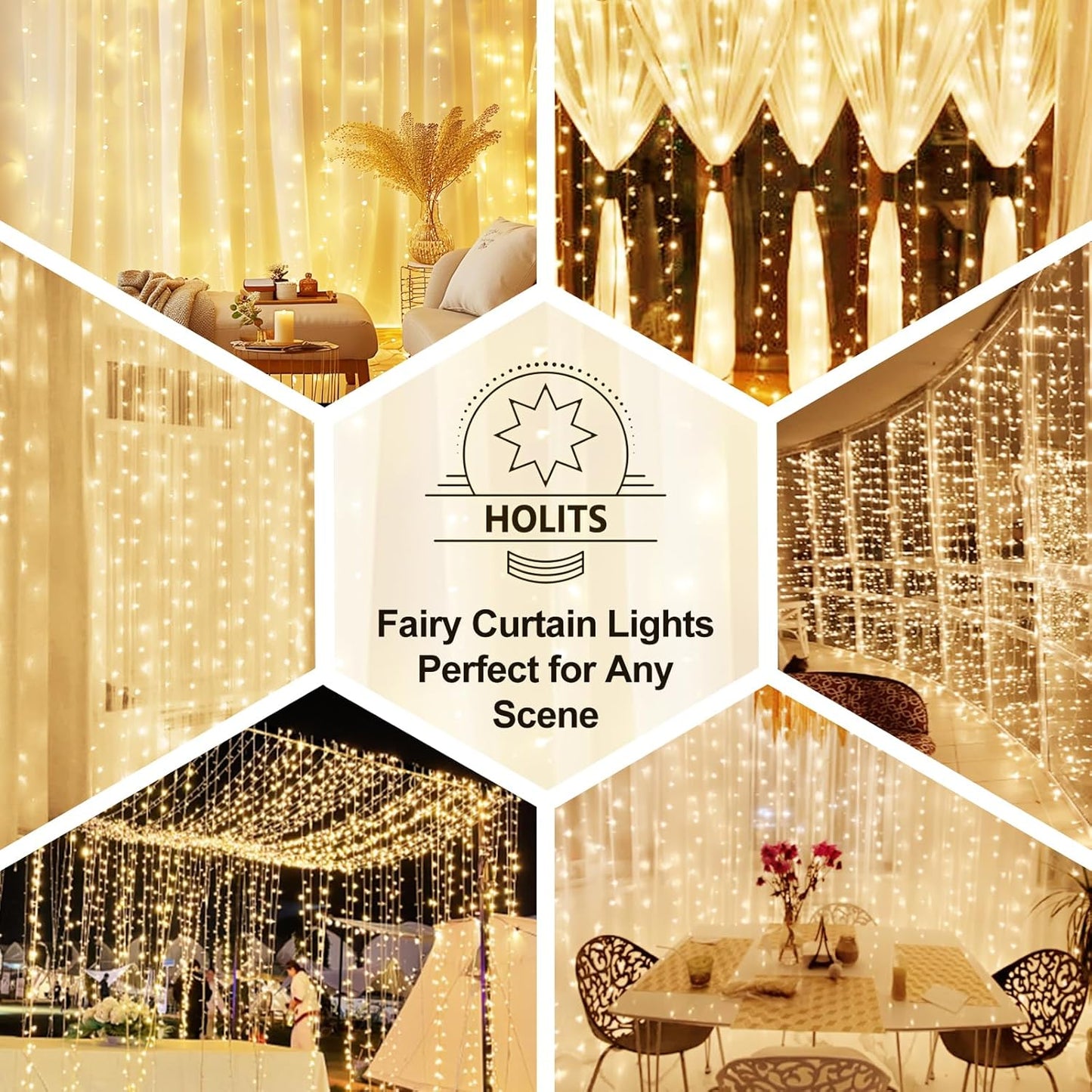 Skiennix 200 LED Fairy Curtain Lights - 6.6 x 6.6 FT Warm White USB Plug with Remote | 8 Modes for Christmas & Events