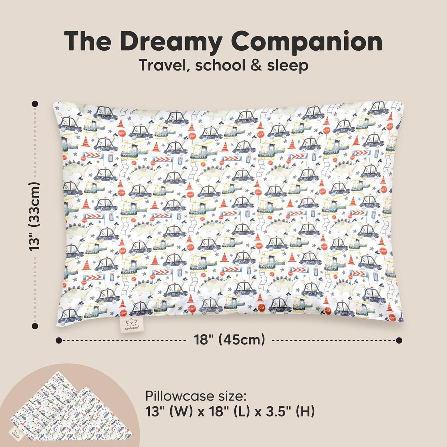 My Little Dreamy Toddler Pillow - Soft Organic Cotton Travel Pillow with Case | 13x18, Dino Patrol, Machine Washable for Ages 2-5