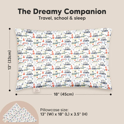 My Little Dreamy Toddler Pillow - Soft Organic Cotton Travel Pillow with Case | 13x18, Dino Patrol, Machine Washable for Ages 2-5