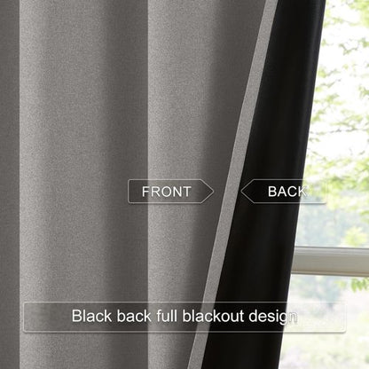 Melodieux 100% Blackout Linen Textrued Curtains for Living Room, Full Light Blocking Thermal Insulated Grommet Curtain Drapes with Black Back for Bedroom, 42 x 63 Inch, Grey (2 Panels)