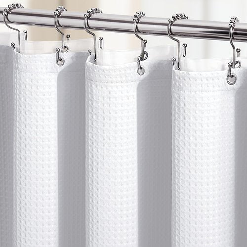 Dynamene Stall Shower Curtain and Liner Set - 60 x 84 inch Long Waffle Fabric, Waterproof Clear Liner, Heavy Duty Weighted Hotel Luxury Cloth Shower Curtains for Bathroom with 10 Hooks, 60x84, White