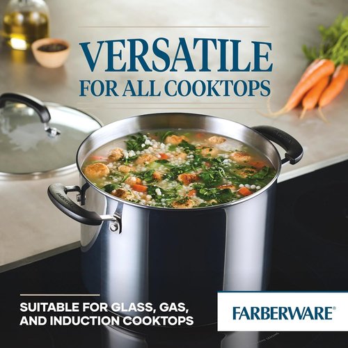 Farberware Brilliance 8 Quart Stainless Steel Stockpot - Induction Ready with Glass Lid, Dishwasher Safe