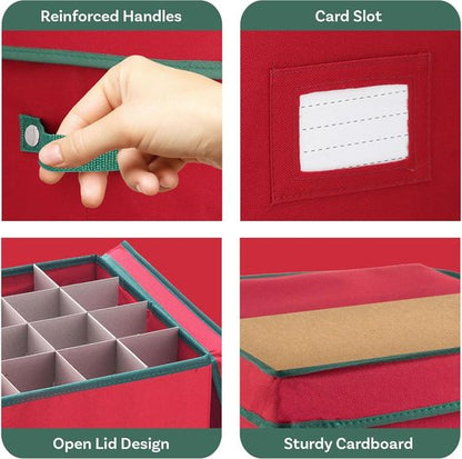 Elf Stor Christmas Decor Storage Box - Red Oxford Canvas Ornament Cube Chest with 64 Compartment Dividers