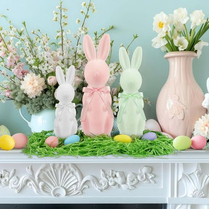 Letsroar Easter Bunny Decor Set - 3 Pack Flocked Bunnies (10", 13", 15") with Plastic Eggs & Grass | Spring Table Centerpiece