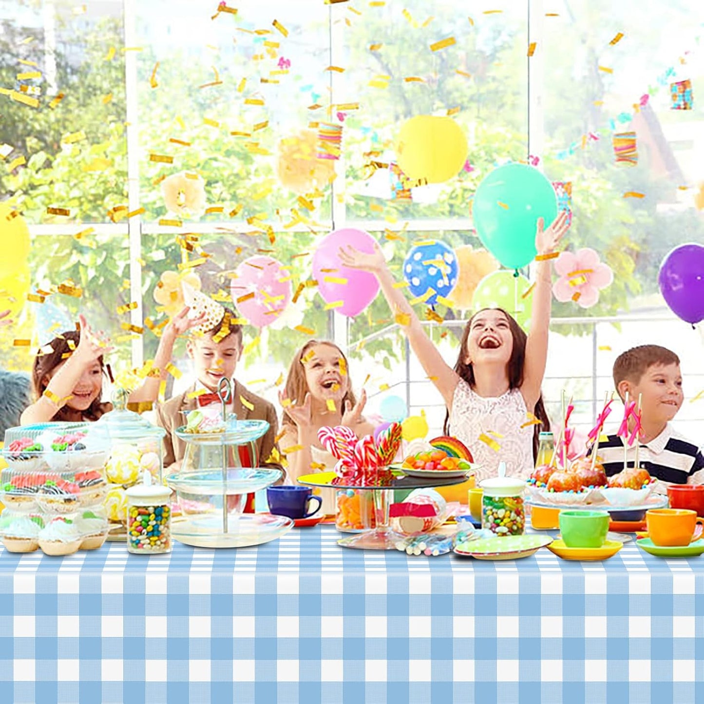 Skiennix Light Blue Checkered Tablecloth - Waterproof Disposable Plastic Cover | 54" x 108" for Picnics & Parties