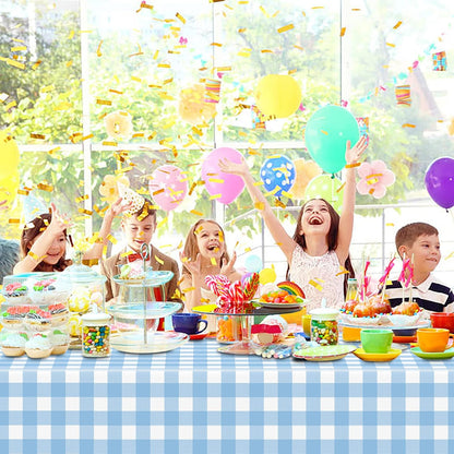 Skiennix Light Blue Checkered Tablecloth - Waterproof Disposable Plastic Cover | 54" x 108" for Picnics & Parties