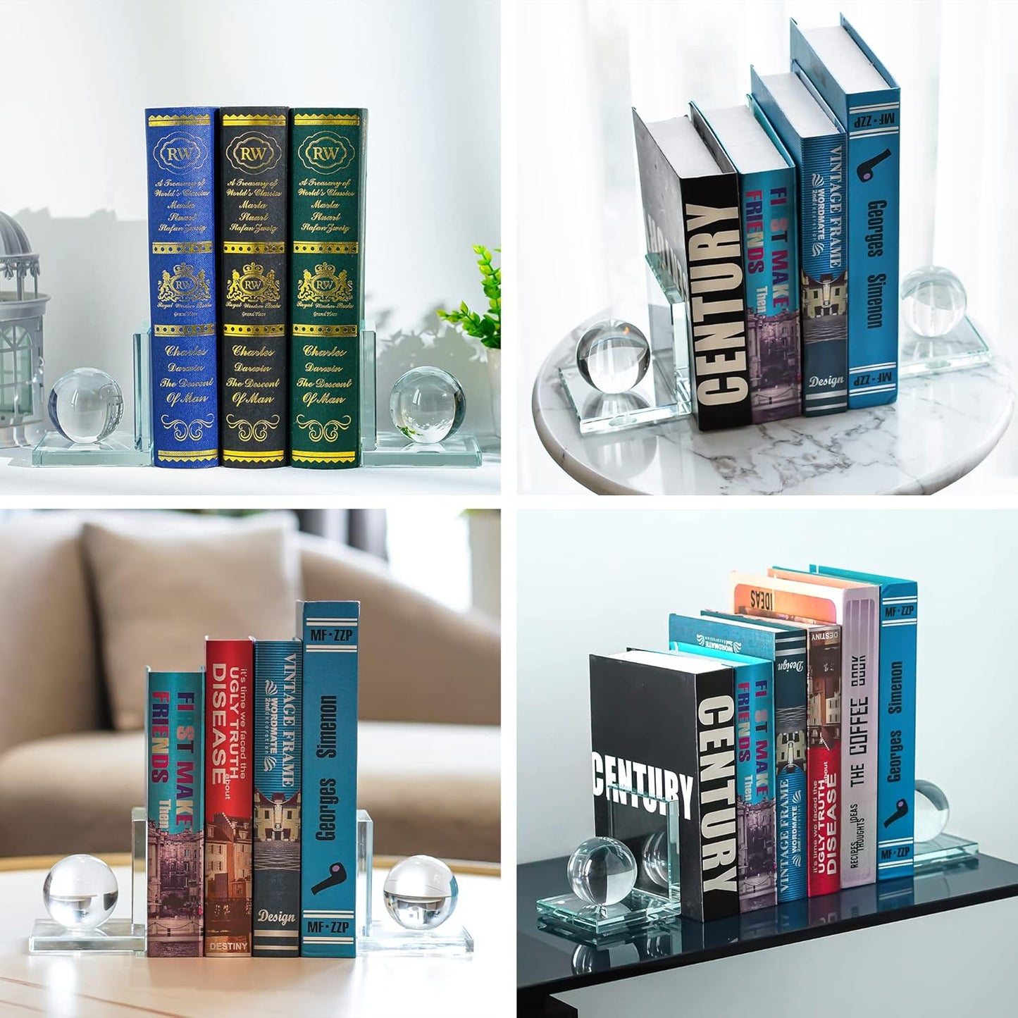 Skiennix Crystal Bookends - L Shape Non-Skid Heavy-Duty Book Holder | 4 Inch Clear Decorative Ornaments