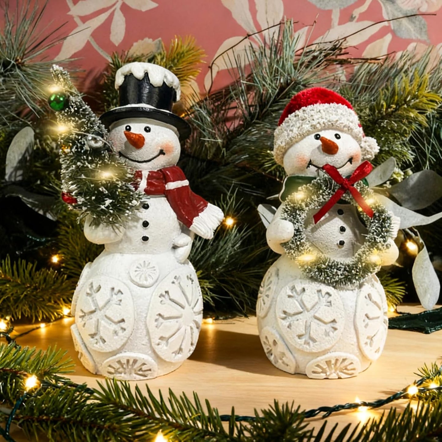 Regine Switzerland Snowman Christmas Decorations - LED Light-Up Figurines Set of 2 for Holiday Decor