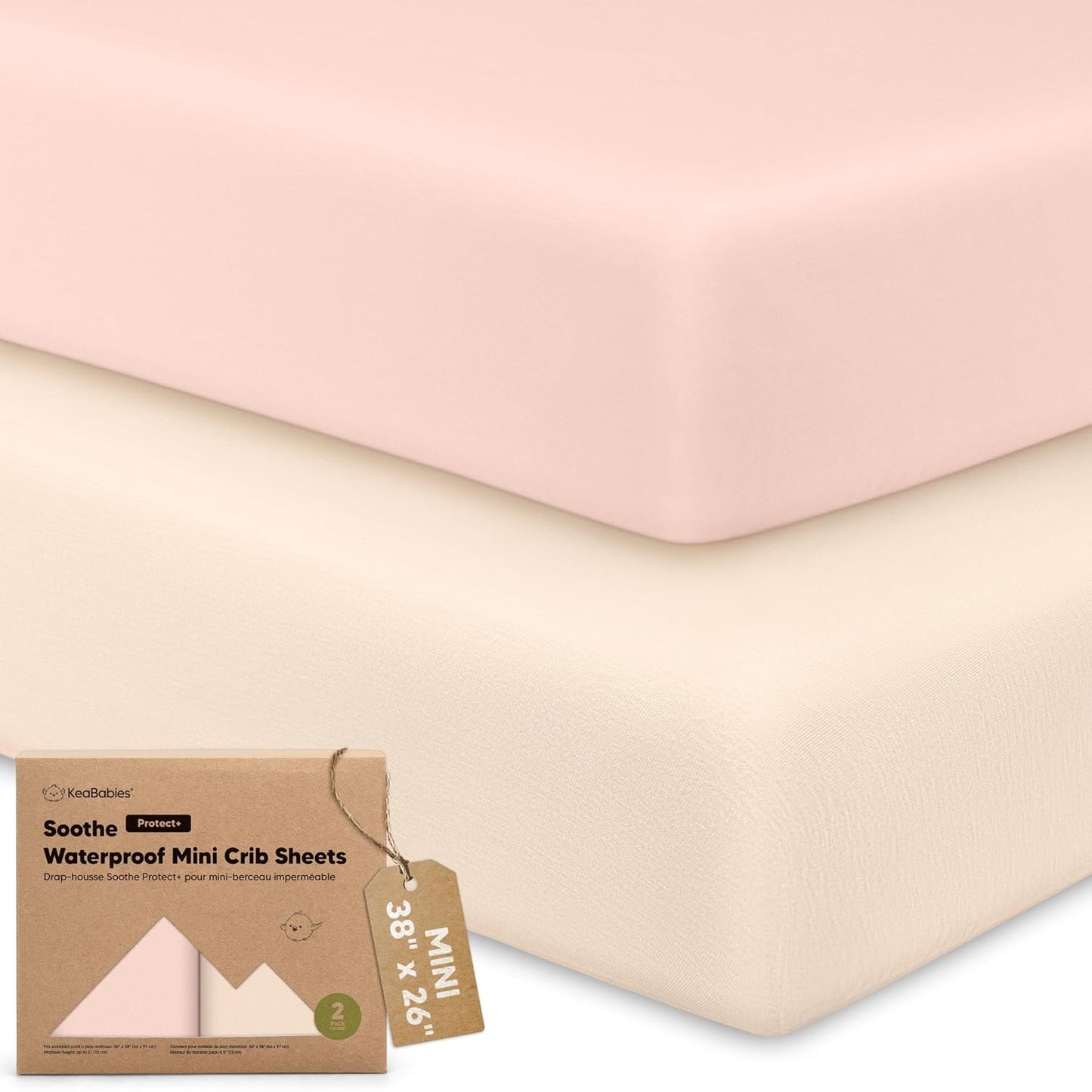Skiennix Waterproof Mini Crib Sheets - 2 Pack Organic Cotton Fitted Sheets for Graco Playard | 38x26 Inches, Neutral Colors for Boys & Girls