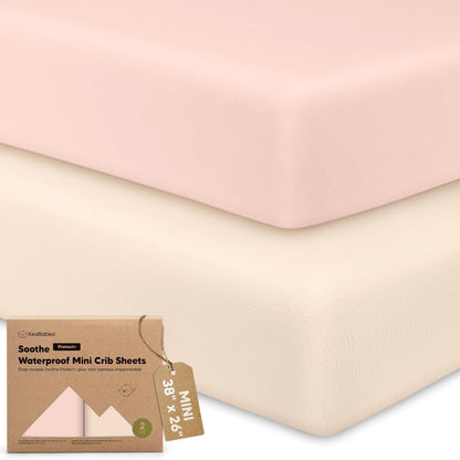 Skiennix Waterproof Mini Crib Sheets - 2 Pack Organic Cotton Fitted Sheets for Graco Playard | 38x26 Inches, Neutral Colors for Boys & Girls