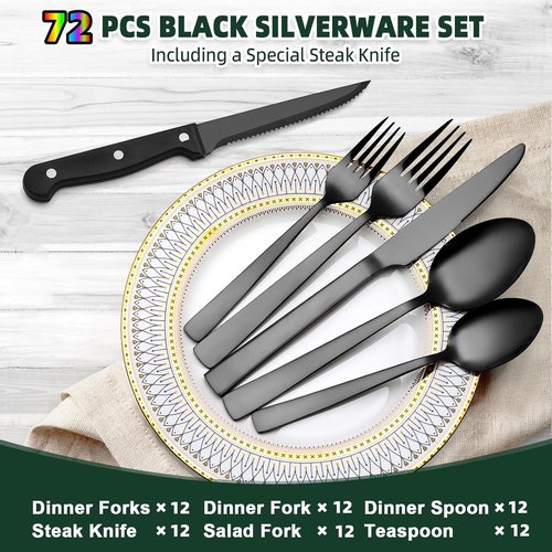CEKEE 72-Piece Stainless Steel Flatware Set - Elegant Black & Silver Cutlery for 12 with Steak Knives