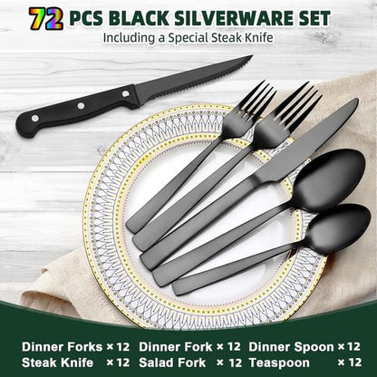 CEKEE 72-Piece Stainless Steel Flatware Set - Elegant Black & Silver Cutlery for 12 with Steak Knives
