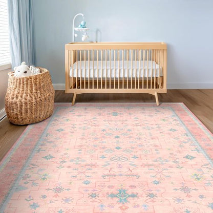 Hazo Haus Washable 5x8 Boho Aesthetic Area Rug - Pink & Blue Vintage Design for Kids' Rooms
