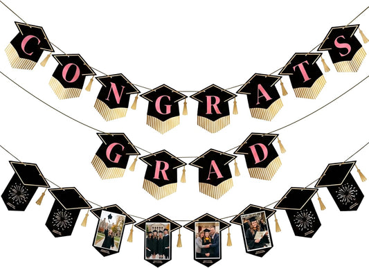 PartyWoo Graduation Banner - Class of 2026 Black Pink Gold Decorations | 2-Piece Set for Middle & High School Celebrations
