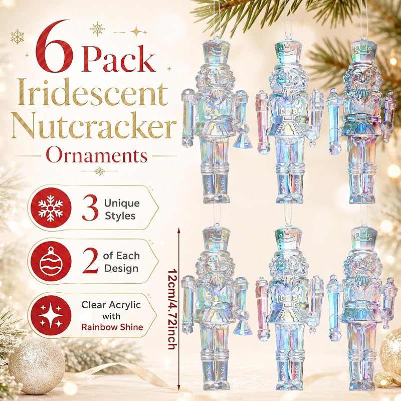 Iridescent Nutcracker Ornaments, 6-Piece Set, 4.7 Inch Acrylic Christmas Decorations
