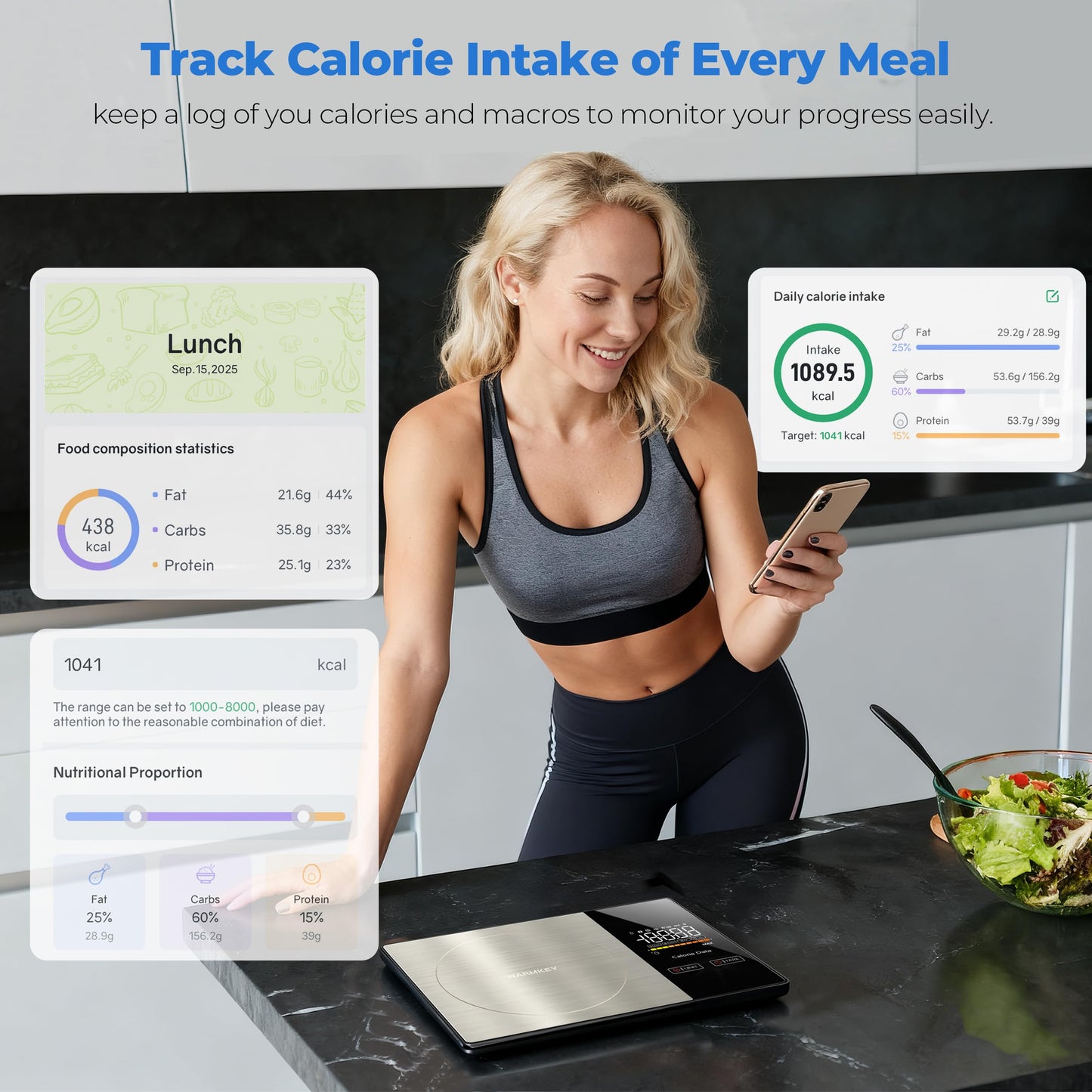 WARMKEY Smart Nutrition Food Scale - Digital Kitchen Scale with Nutritional Calculator App,Tare Function,Track Calories &24 Nutrients,11lb, Grams/Ounces, Healthy Eating & Meal Prep