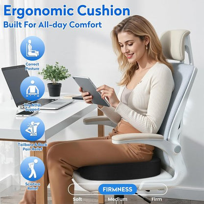 CushZone Seat Cushion - Memory Foam Coccyx Pillow for Sciatica & Back Pain Relief | Black Office Chair Cushion