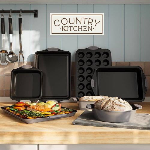 Country Kitchen Nonstick Bakeware Set - Heavy Duty & Easy Release, 10-Piece Set in Grey