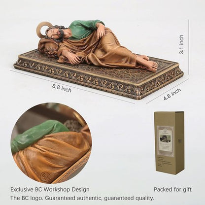Buildclassic Saint Joseph Sleeping Statue - Hand-Painted Religious Decor with Metal Halo & Prayer Card Holder | 8.8" L, Dark Full Color