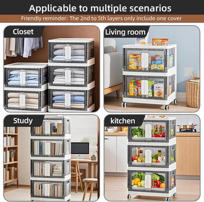 Folding Storage Organizer - Heavy-Duty Plastic Bin with Silent Casters | Stackable Design, 3 Sizes (19.5/23.5/27.5in), Black/White