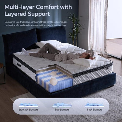 Queen Size Mattress,12 Inch Hybrid Mattress Individual Pocket Spring Multilayer Hybrid In A Box,Ergonomic,Medium Firm Support Motion Isolation,Sleep And Pain Relief Certipur-US (12 Inch, Queen)
