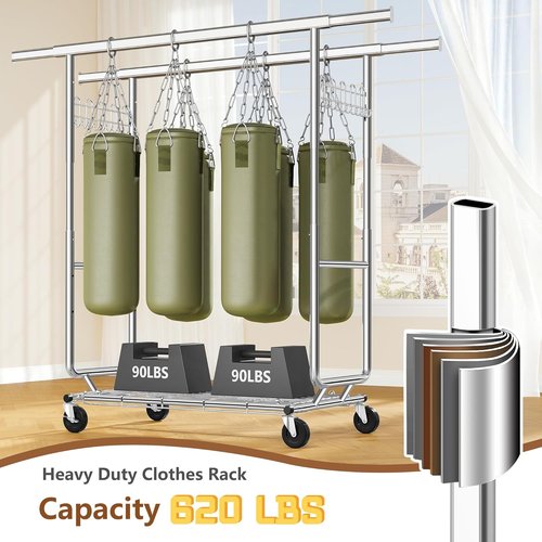 Hoctieon Heavy-Duty Double Rod Clothes Rack - 2-Minute Assembly, Adjustable Metal Pole with Wheels, Chrome