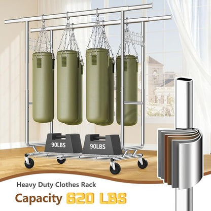Hoctieon Heavy-Duty Double Rod Clothes Rack - 2-Minute Assembly, Adjustable Metal Pole with Wheels, Chrome