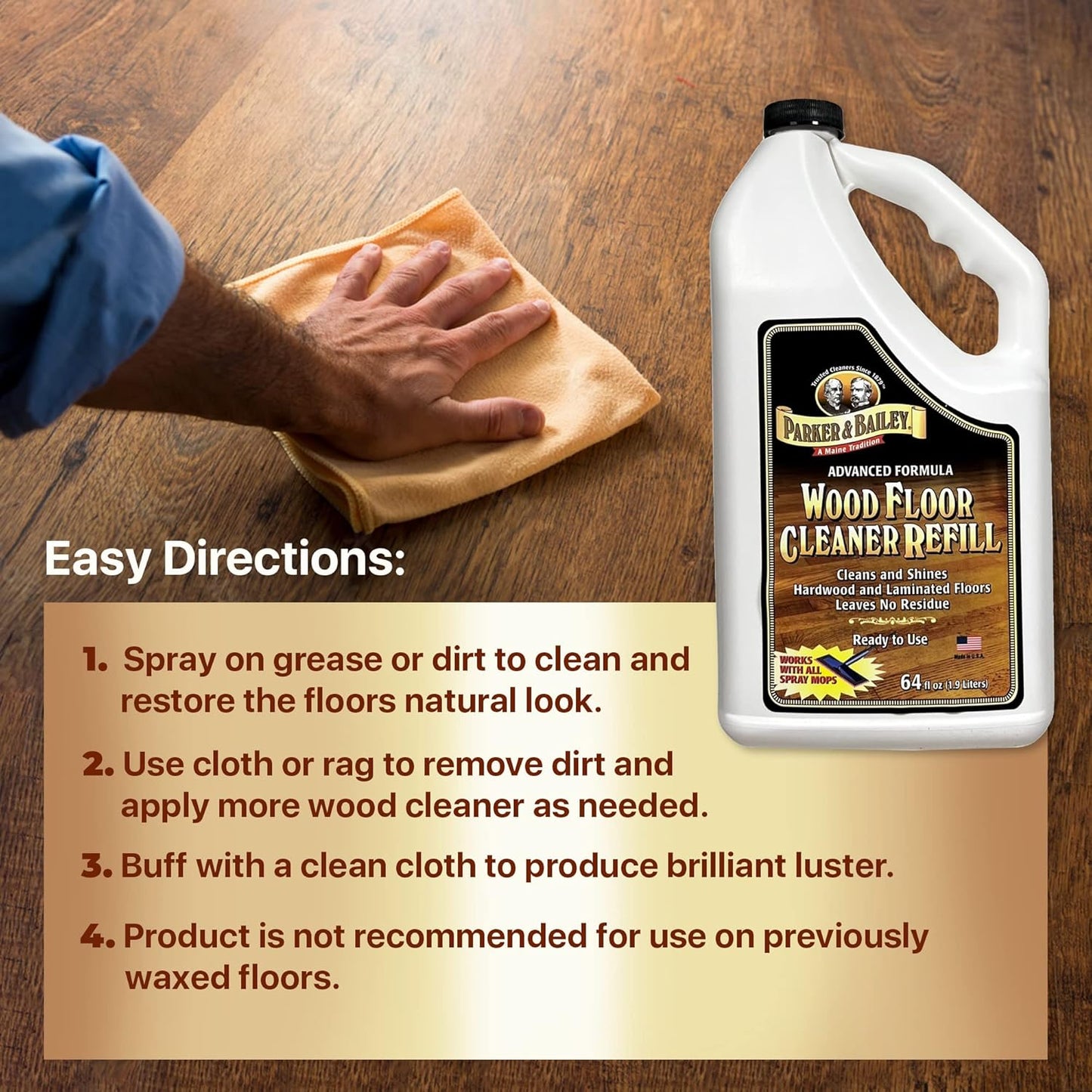 Parker & Bailey Wood Floor Cleaner - Natural Shine Restorer for Hardwood & Laminate Floors | 64oz