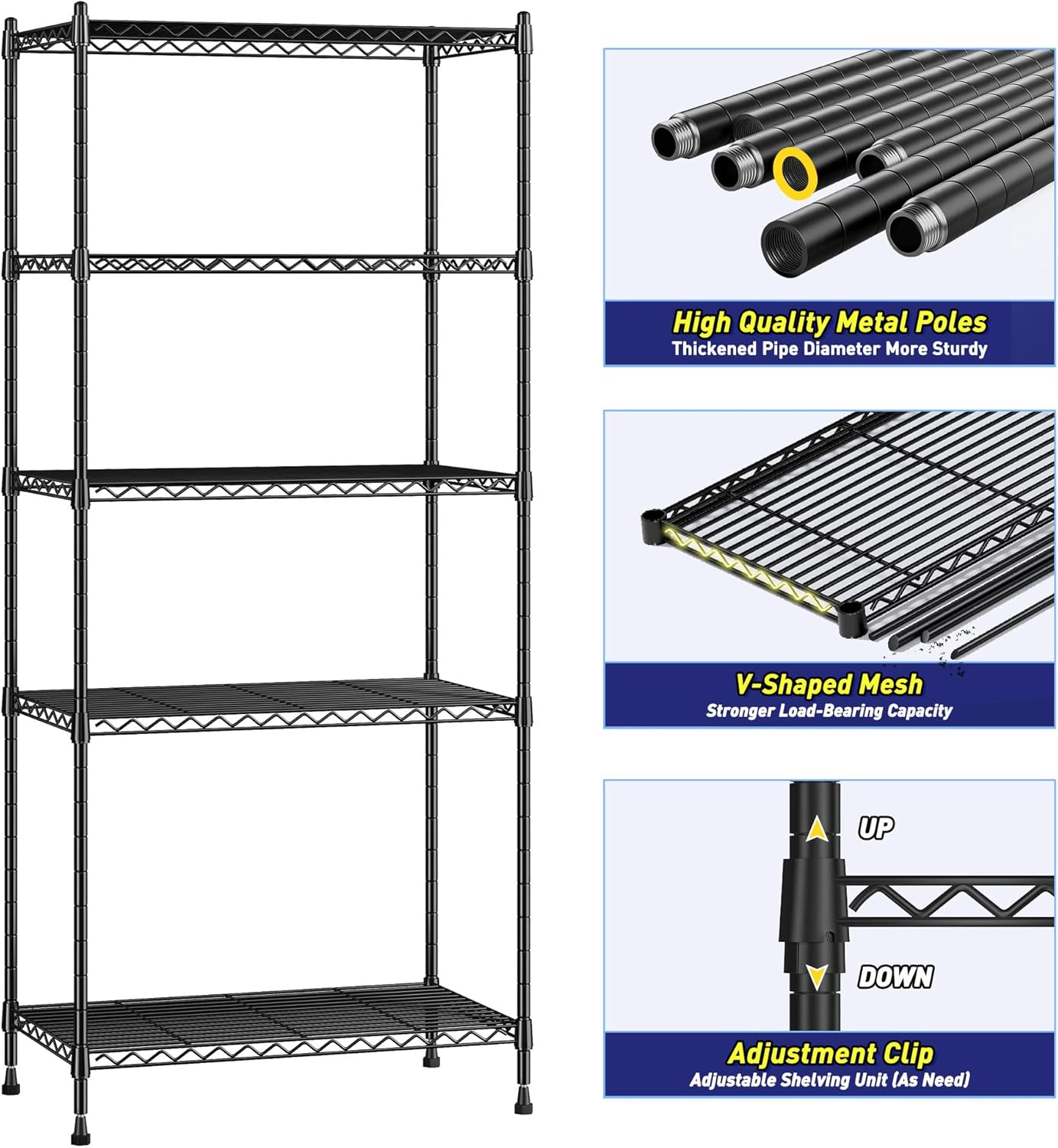 Romorgniz 5-Tier Adjustable Metal Shelving Unit - 1010LBS Capacity for Kitchen, Pantry & Closet | 59.4" H x 21.5" W x 13.6" D