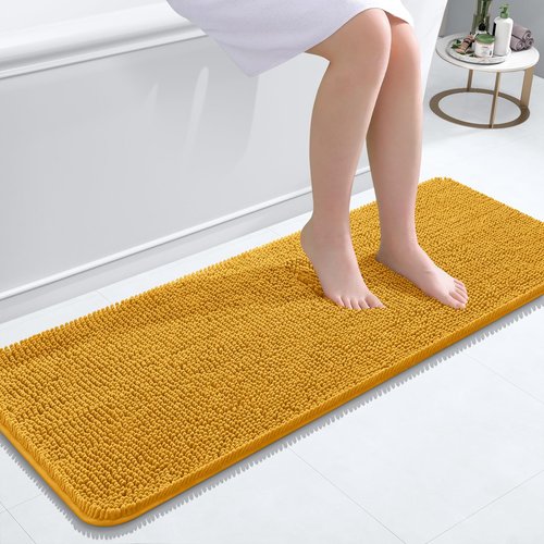 OLANLY Bathroom Rugs 47x17, Extra Soft Absorbent Chenille Bath Rugs, Rubber Backing Quick Dry, Machine Washable Bath Mats for Bathroom Floor, Tub and Shower, Home Decor Accessories, Golden Yellow