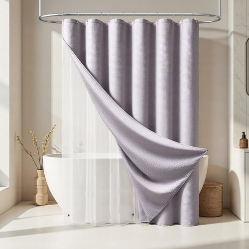 Dynamene Extra Long Shower Curtain and Liner Set - 84 inch Tall Waffle Fabric, Waterproof Clear Liner, Heavy Duty Weighted Hotel Luxury Cloth Shower Curtains for Bathroom, 12 Hooks, 72x84, Lavender