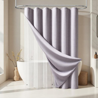 Dynamene Extra Long Shower Curtain and Liner Set - 84 inch Tall Waffle Fabric, Waterproof Clear Liner, Heavy Duty Weighted Hotel Luxury Cloth Shower Curtains for Bathroom, 12 Hooks, 72x84, Lavender