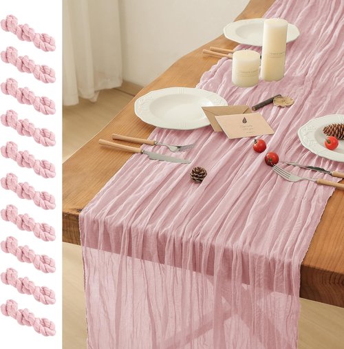 Leetaltree Cheesecloth Table Runner - 10 Pack Dusty Pink, 35x120 Inch | Boho Rustic Decor for Weddings & Showers