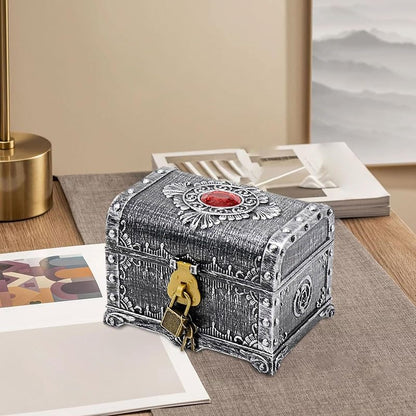 Ancient Silver Pirate Treasure Box with Lock - Kids Jewelry Storage Chest 14x11x10.5 cm