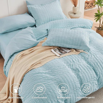 HYMOKEGE California King Comforter Set - Luxury 7-Piece Bedding Set in Lake Blue | All-Season Seersucker Design