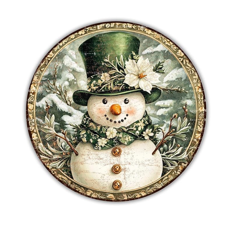 Christmas Snowman Wreath Sign - Round 8x8 in Metal Wall Decor Indoor Outdoor