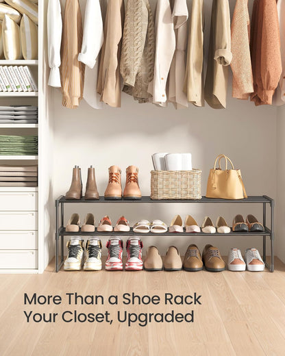 SONGMICS 2-Tier Shoe Rack - Stackable Metal Organizer for 15-18 Pairs | Black, 11.8 x 46.1 x 14.6 Inches
