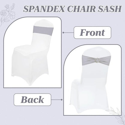 MDS Premium Stretch Chair Sashes - Pack of 25 Light Silver Bow Covers for Weddings & Events