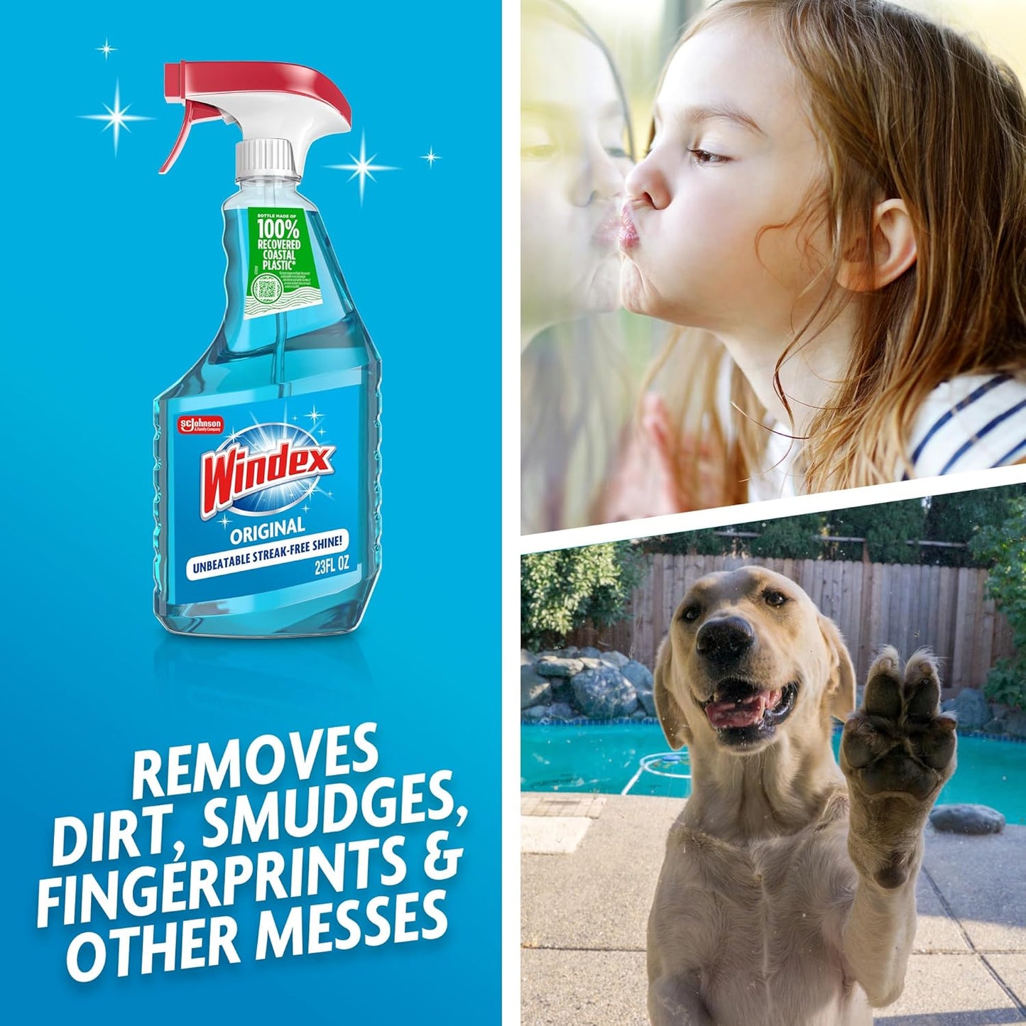 Windex Glass & Window Cleaner Refill - Eco-Friendly 100% Recycled Plastic, Original Blue Scent, 2L (Pack of 2)