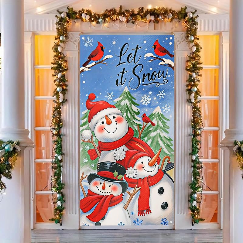 Door Cover Winter Wonderland Snowmen Pair - 35x71 Inch Polyester, Three Snowmen Variation