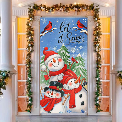 Door Cover Winter Wonderland Snowmen Pair - 35x71 Inch Polyester, Three Snowmen Variation