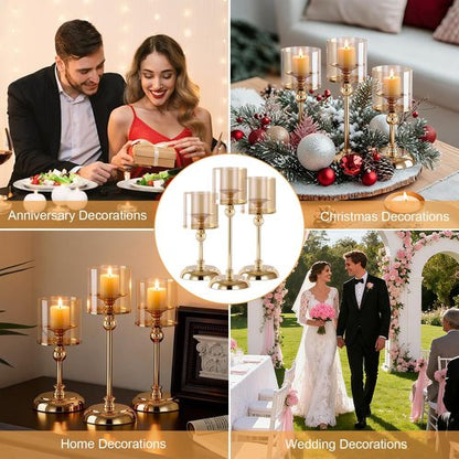 Gold Hurricane Candle Holders - Set of 6 Tall Windproof Taper Holders for Indoor/Outdoor Decor