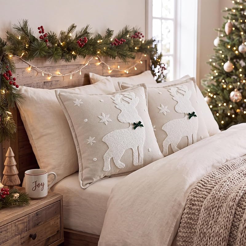 Christmas Reindeer Throw Pillow Covers 18x18 in Plush 3D Embroidery - 2 Pcs