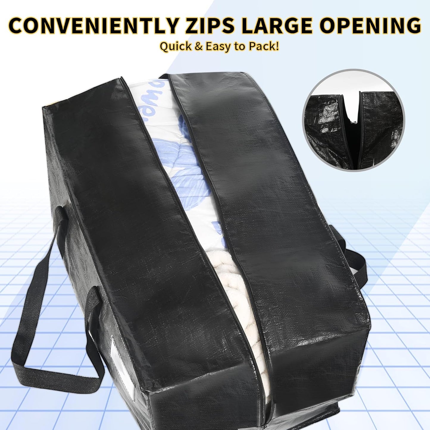 Skiennix Heavy Duty Extra Large Moving Bags - 58 Gallon Jumbo Storage with Strong Zippers & Handles | 2-Pack