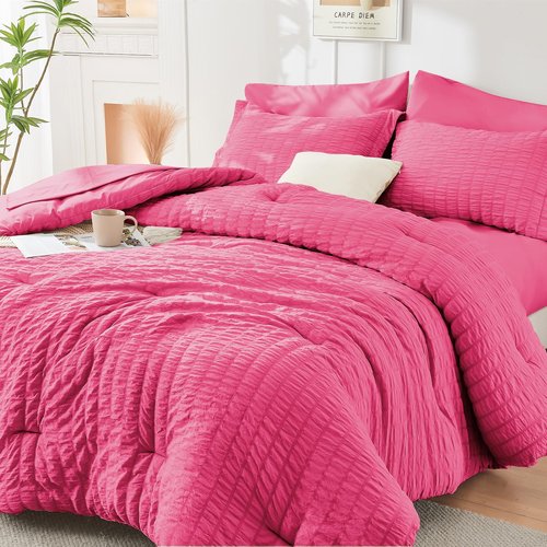HYMOKEGE Hot Pink Queen Comforter Set Seersucker 7 Pieces, All Season Luxury Bed in a Bag Queen for Bedroom, Bedding Set with Comforter, Sheets, Pillowcases & Shams