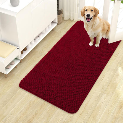 OLANLY Dog Door Mat - Absorbent Non-Slip Chenille Mat for Muddy Paws | 40x24 Inches, Quick Dry, Red