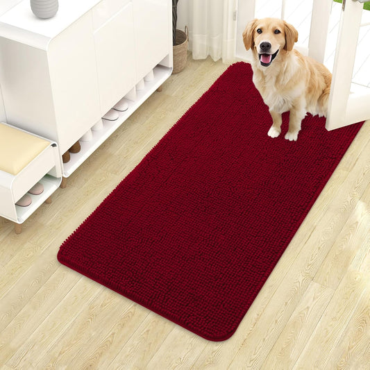OLANLY Dog Door Mat - Absorbent Non-Slip Chenille Mat for Muddy Paws | 40x24 Inches, Quick Dry, Red