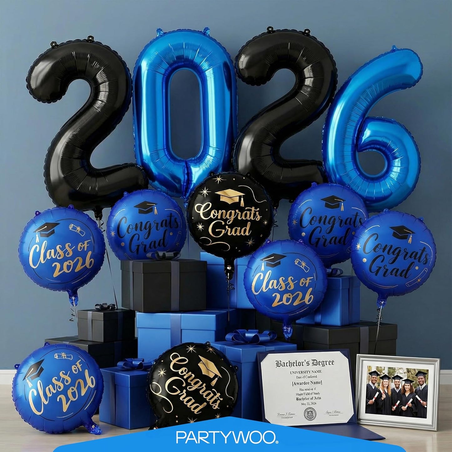 PartyWoo Graduation Balloons - Class of 2026 Foil Number & Mylar Balloons | 12pcs in Black, Blue & Gold