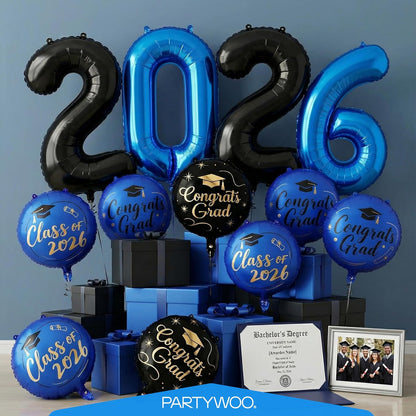 PartyWoo Graduation Balloons - Class of 2026 Foil Number & Mylar Balloons | 12pcs in Black, Blue & Gold