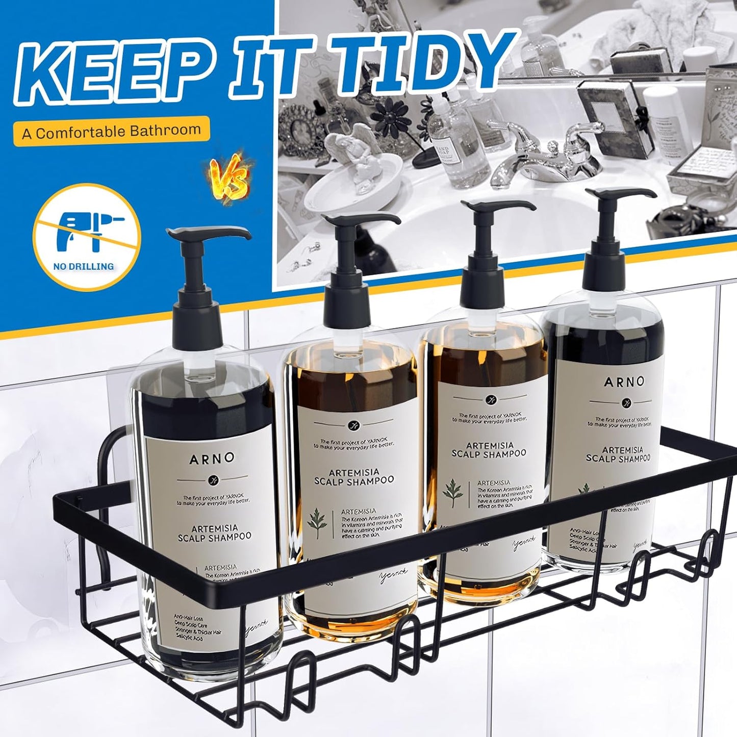 Skiennix Shower Caddy - 5 Pack Adhesive Organizer for Bathroom & Kitchen Storage | Rustproof Stainless Steel